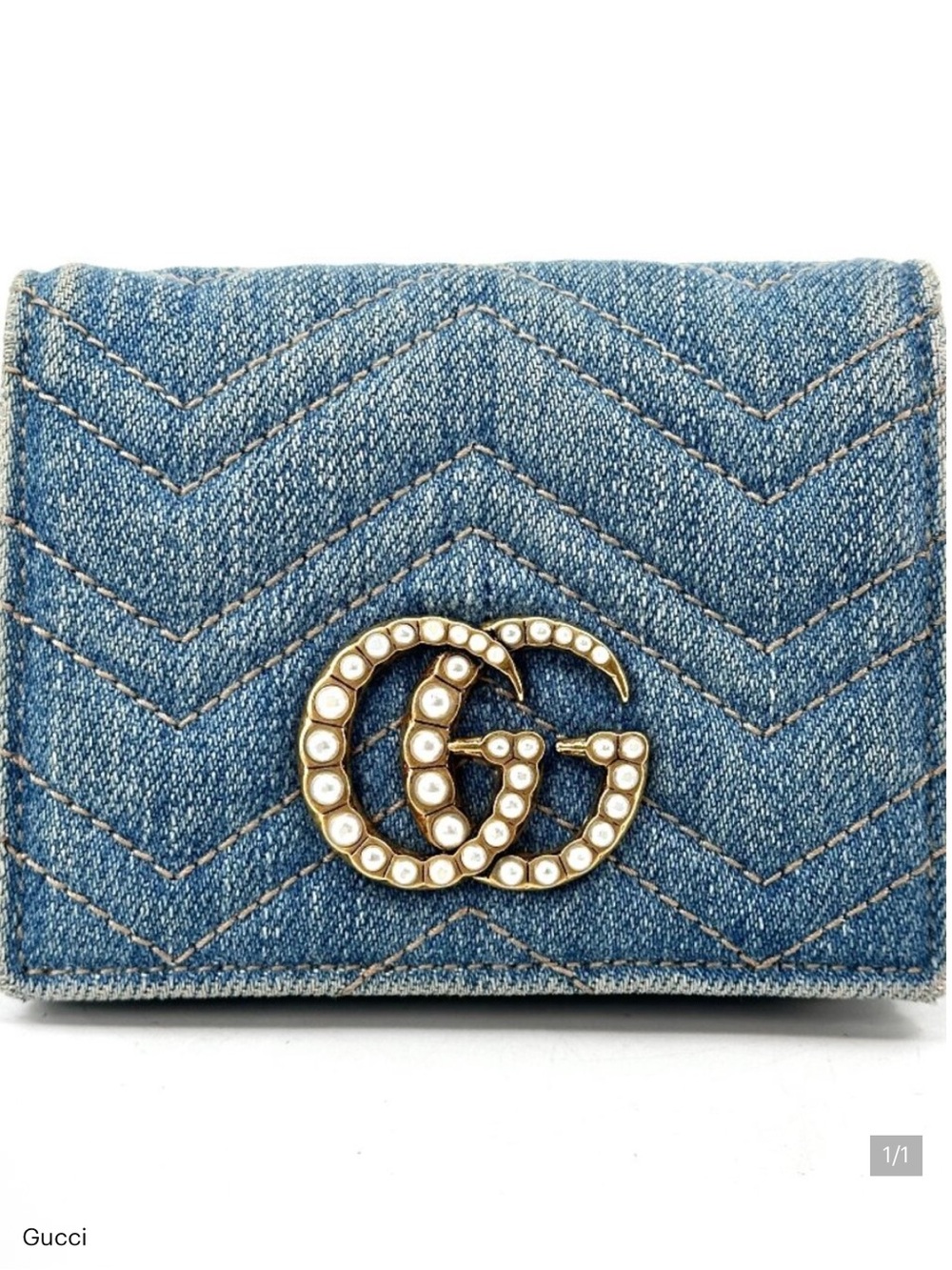 Gucci Denim Blue GG Pearl-Embellished Wallet